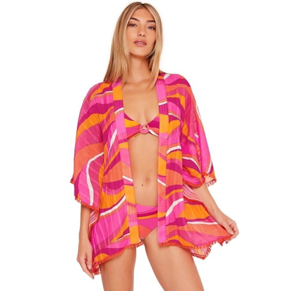 Trina Turk Hot Pink & Orange Wave Stripe Swim Coverup